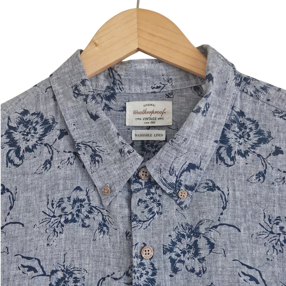 Weatherproof Vintage Blue Floral Linen Blend Shirt Men's XL Beach Resort Summer